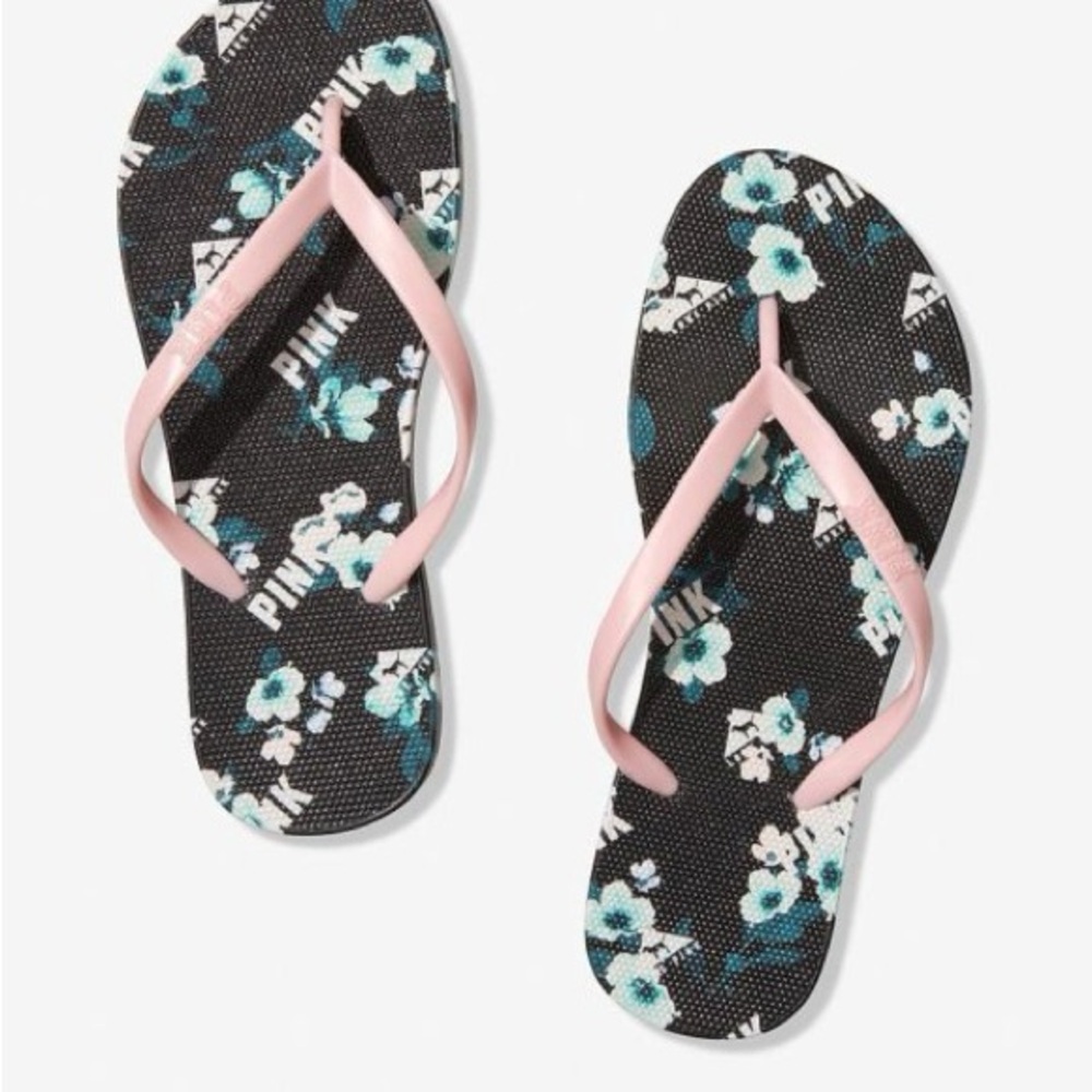 Victoria's Secret Pink and Black Floral Flip Flops